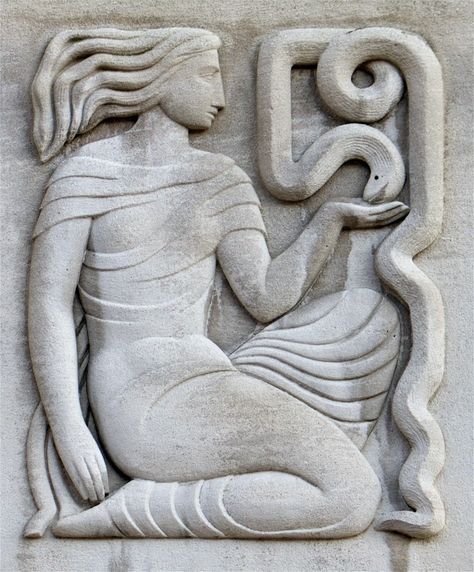 Asclepius, god of medicine, son of Apollo and the nymph Coronis, daughter of Phlegyas who lived at the foot of Mount Pelion, brought up by the wise centaur Chiron, is the most famous healer of diseases that plague people in antiquity, and the power arrives by raising the dead … Daughter of course, the Health .. Snake Charmer, Art Deco Sculpture, Relief Sculpture, 1 Tattoo, General Hospital, Stone Carving, Art Plastique, Public Health, Ancient Art