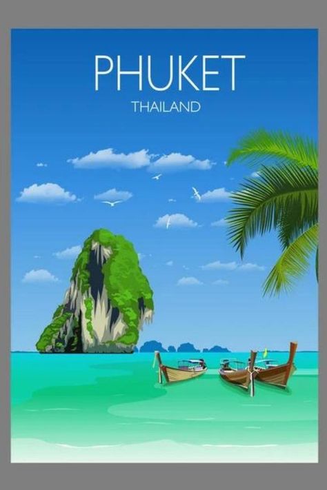 A bright and vibrant poster of stunning Phuket, Thailand. Phuket, a rainforested, mountainous island in the Andaman Sea, has some of Thailand's most popular beaches, mainly situated along the clear waters of the western shore. Part of our beautiful Travel Poster collection, all available as fine art prints or canvas prints and in various sizes. To shop our range of posters, click here https://www.etsy.com/uk/shop/NQMediaDesigns #travelprint #travelposter #travelprints Thailand Illustration, Phuket Thailand Travel, Island Poster, Vibrant Poster, Thailand Vacation, Thailand Phuket, Illustration Simple, Travel Album, Poster Travel