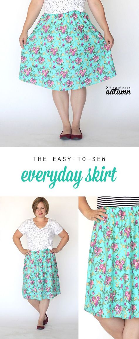 this easy women's DIY skirt only takes 1 yard of fabric and an hour to make! great sewing tutorial. Syprosjekter For Nybegynnere, Everyday Skirt, Simple Sewing Tutorial, Everyday Skirts, Skirt Sewing Pattern, Skirt Sewing, Skirt Tutorial, Sew Ins, Trendy Sewing