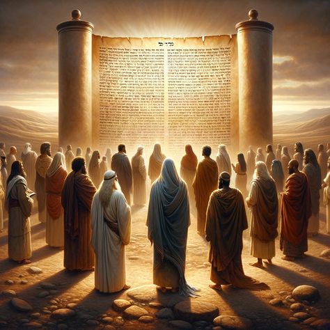 A symbolic representation of faith-based redemption in Hebrew scripture, focusing on Gentile salvation. The image features an ancient scroll with Hebrew texts, illuminated by a soft, divine light. In the foreground, a diverse group of Gentiles, depicted with respect to different ethnicities, are gathered in a semi-circle, looking towards the scroll with expressions of hope and curiosity. Their... Jesus In Hebrew, Different Ethnicities, Ancient Scroll, Jesus Wall Art, The Torah, Bible Study Plans, Powerful Inspirational Quotes, Church Poster Design, Photoshop Design Ideas