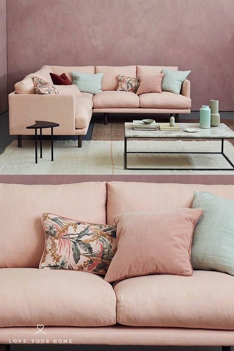 L Shaped Sofa Designs, Color Palette Living Room, Pink Couch, Sofa And Loveseat, Bedroom Couch, Pink Sofa, Pink Living Room, Classic Living Room, Big News