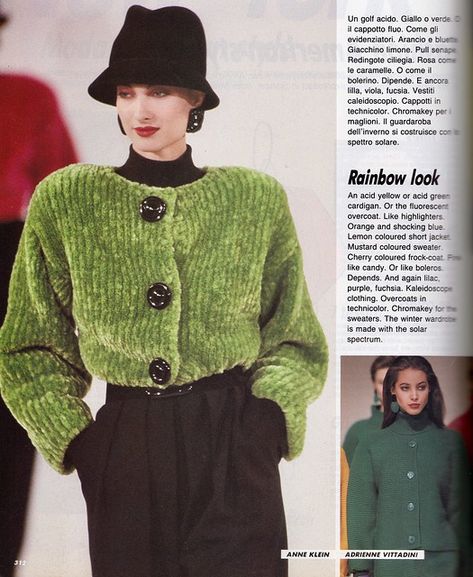 Anne Klein and Adrienne Vittadini RTW A/W 1988-89 | barbiescanner | Flickr 80s Runway, Shocking Blue, Frock Coat, Adrienne Vittadini, Green Cardigan, Fall Fashion Outfits, Anne Klein, Winter Wardrobe, Colorful Sweaters