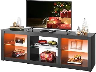 WLIVE LED TV Stand for 65-inch TVs with adjustable glass shelves in black, perfect for modern living rooms and bedrooms. Entertainment Shelves, Console For Living Room, Tv Console Modern, Modern Media Console, Shelves Modern, Tv Stand Designs, Led Tv Stand, Modern Entertainment Center, Floating Tv Stand