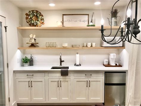 Floating Shelves Kitchenette, Basement Kitchenette With Floating Shelves, Kitchenette With Desk, Basement Wet Bar Floating Shelves, Kitchenette With Floating Shelves, Kitchenette In Living Room, Kitchen Wall Floating Shelves, Single Wall Kitchenette, Kitchenette Open Shelving