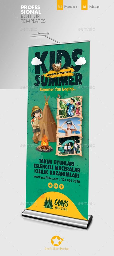 Kids Summer Camp Roll-up Template PSD, InDesign INDD. Download Kindergarten Banner Design, Summer Camp Banner, Summer Camp Poster, Scout Knots, Kids Summer Camp, Rollup Banner Design, Graphic Hoodies Aesthetic, Banner Design Layout, Roll Up Design