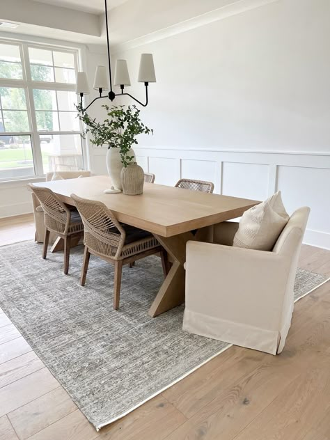 Modern Farmhouse Extending Dining … curated on LTK 5x7 Rug Dining Room, Dining Room Table And Rug, Dining Room Carpet Ideas Area Rugs, Pine Dining Room Table, Dining Rugs Ideas, 8x10 Dining Room Rugs, Dining Room Natural Wood, Chairs For Wooden Dining Table, Rug Placement Dining Room