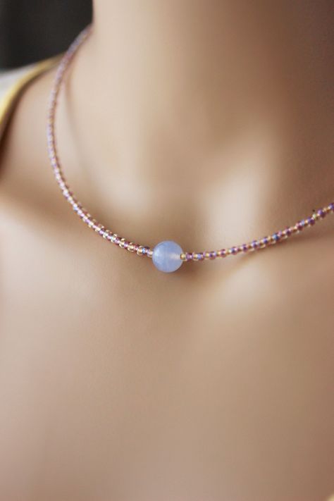 Dainty Minimalist Choker with Stone Bead Delicate Lilack Calcite Single Bead Necklace Simple Crystal Necklace One Gemstone Bead Necklace Single Bead Necklace, Simple Crystal Necklace, Simple Beaded Necklaces, Wire Necklaces, Beaded Jewelry Necklaces, Single Bead, Crystal Bead Necklace, Gemstone Beaded Necklace, Wire Necklace