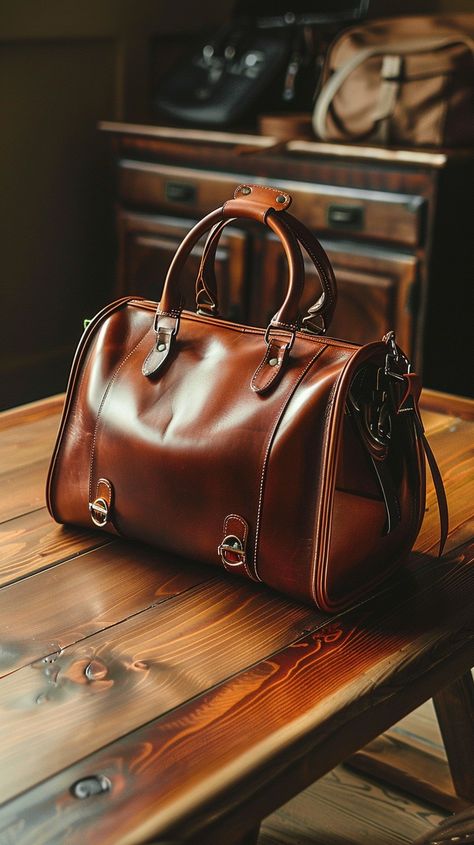 Elegant Leather Bag: A premium leather bag rests on a wooden table, embodying sophistication and timeless style. #leather #bag #fashion #accessory #premium #aiart #aiphoto #stockcake ⬇️ Download and 📝 Prompt 👉 https://ayr.app/l/ezQ9 Mens Luggage, Mens Wallet, Duffle Bag Travel, Wooden Table, Bag Travel, Bag Fashion, Full Grain Leather, Wallet Men, How To Take Photos