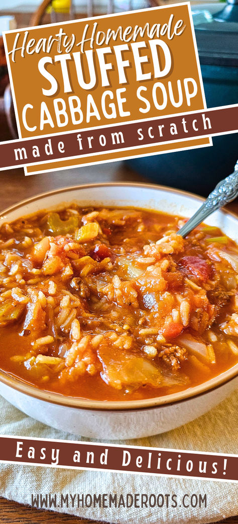 This Stuffed Cabbage Soup has all of the flavor of a pan of homemade stuffed cabbage without all of the work. Perfect for a weeknight or anytime you want a hearty yet easy meal. Soup Storage Ideas, Soup For The Week, Stuffed Cabbage Soup Crockpot Easy, Stuffed Pepper Soup With Cabbage, Cabbage Soup With Tomato Juice, Cabbage Soup With Rice, Cozy Vegetarian Soups, Cabbage Kale Soup, Easy Weeknight Dinners With Ground Beef