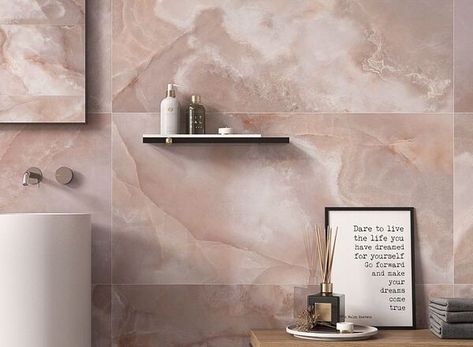 Jewel Onyx Collection | TileBar.com Coral Tile Bathroom, Pink Marble Tile, Onyx Shower, Onyx Tile, Agate Art, Artisan Decor, Shower Floor Tile, Polished Porcelain Tiles, Beach Bungalow