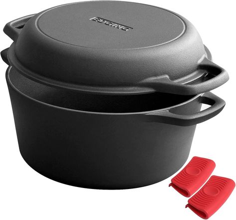 2-in-1 Pre-Seasoned Cast Iron Dutch Oven Pot with Skillet Lid Cooking Pan, Cast Iron Skillet Cookware Pan Set with Dual Handles Indoor Outdoor for Bread, Frying, Baking, Camping, BBQ, 5QT Cooking Gloves, Seasoning Cast Iron, Camping Bbq, Cast Iron Pot, Bean Pot, Cast Iron Dutch Oven, Cooking Pan, Induction Cooktop, Cast Iron Cookware