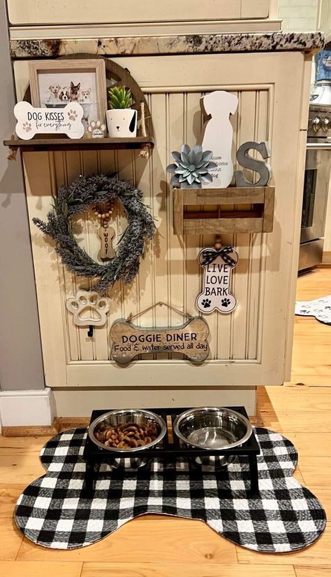 Cute Dog Area In Apartment, Dog Eating Area Decor, Dog Shelf Ideas, Diy Dog Closet Ideas, Dog Food Corner Ideas, Dog Area Decor Ideas, Dog Food Area Ideas, Doggie Corner Ideas, Pet Corner Ideas Dogs