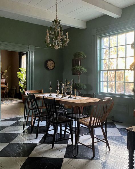 6 Greenery Scroll Stoppers 9 Checkered Floor Kitchen, Scroll Stoppers, Black And White Dining Room, Checkerboard Floor, Rustic Wooden Table, Floor Ideas, Black And White Tiles, Green Cabinets, Hygge Home