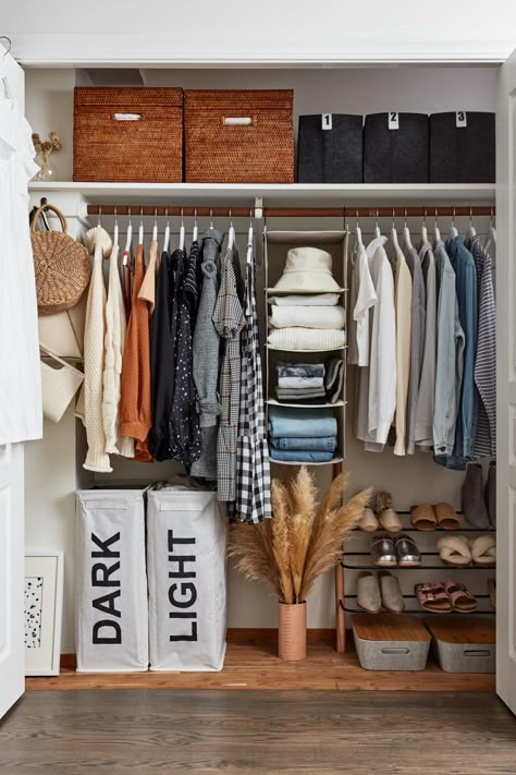 Clothes Storage For Bedroom With No Closet, Open Closet Rack In Bedroom, Two Rack Closet Organization, Aesthetic Clothes Rack In Room, Apartment Closet, Organized Closet, Apartment Closet Organization, Closet Organizers & Garment Racks, Minimalist Closet