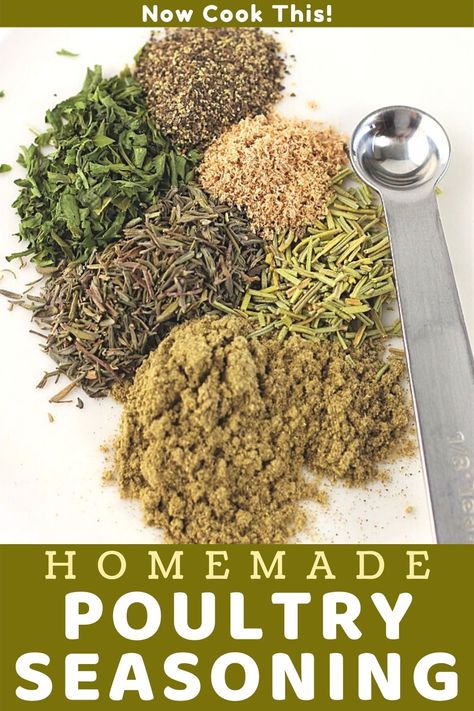 Homemade Poultry Seasoning is so easy to make using six common herbs and spices (you probably already have them all in your pantry!). It's great for turkey and chicken dishes and is fabulous in stuffing. Get the recipe, make a batch, and get ready for all those holiday recipes! #homemadepoultryseasoning #poultryseasoning #homemadespicemix #spicemix Homemade Poultry Seasoning Recipe, Poultry Seasoning Recipe, Chicken Seasoning Recipes, Homemade Dry Mixes, Dry Rub Recipes, Homemade Spice Mix, Spice Blends Recipes, Spice Mix Recipes, Homemade Spice Blends