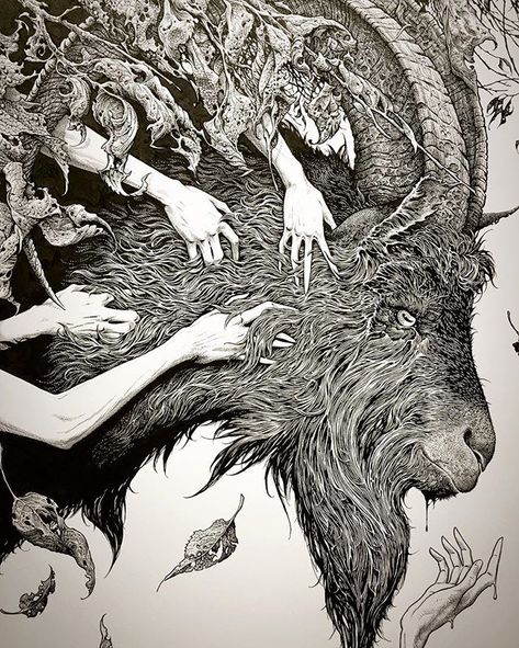 The Devil Makes Six (detail), ink on Bristol, 2016. Aaron Horkey art Live Deliciously, Occult Art, Surrealism Painting, Ink Illustrations, Samara, Line Art Drawings, The Devil, Horror Art, Ink Art