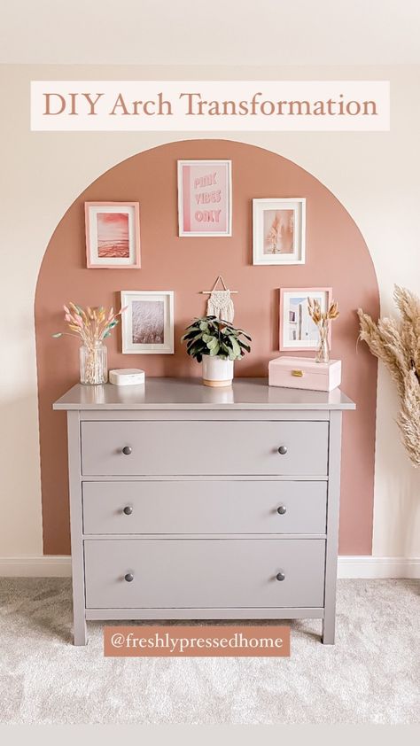 Pink Arch Wall, Painted Arch Accent Wall With Mirror, Pink Arch Painted On Wall, Accent Wall Arch Paint, Painted Arches Bedroom, Arch Chalkboard Wall, Painted Arch Gallery Wall, Arched Painted Wall, Painted Arch Accent Wall Nursery