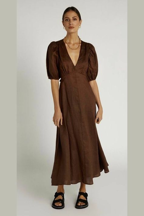 Designer Midi Dresses, Semi Casual, Linen Midi Dress, Linen Maxi Dress, Invisible Zip, Dress Short, Chocolate Brown, Puff Sleeves, Half Sleeves