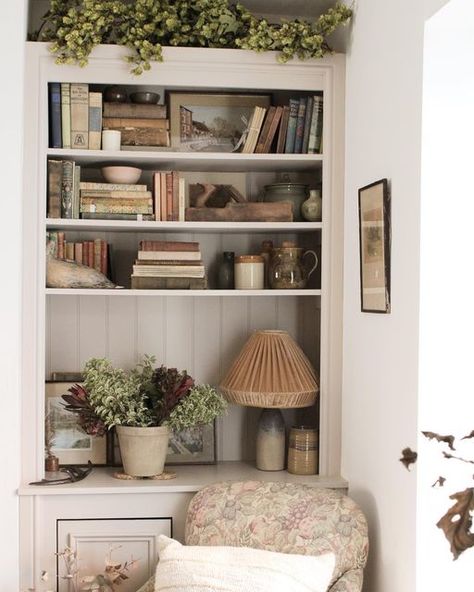 Decorating An Alcove, Alcove Shelving Decor, Large Alcove Shelves, Alcove Styling, Wood Alcove Shelves, Rustic Alcove Shelving, Alcove Shelves With Logs, Cottage Shelves, Oak Shelving Alcove