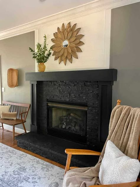 Painted Tile On Fireplace, Black Fireplace Mantel Paint, Fireplace Tile Black, Fireplace Makeover Black, Wallpaper Around Fireplace, Black Mantel Fireplace, Painting Tile Around Fireplace, Diy Tile Fireplace Makeover, Painted Fireplace Tile