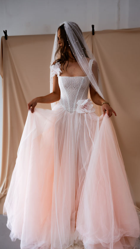 Light Pink Blush Floral Wedding Dress Dropped Basque Waist Corset Tulle Skirt Bridal Gown 2024 Pinkish White Wedding Dress, Salmon Pink Wedding Dress, Wedding Corset And Skirt, White Wedding Dress With Pink Accents, Pink Blush Wedding Dress, Pastel Pink Wedding Dress, Soft Pink Wedding Dress, Baby Pink Wedding Dress, River Nymph