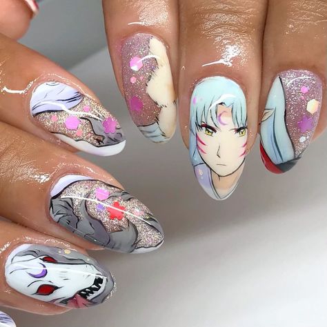 Inuyasha Nail Art, Inuyasha Nails, Anime Nail Art, Anime Nail, Crazy Nail Art, Fantasy Nails, Anime Nails, Goth Nails, Nails White