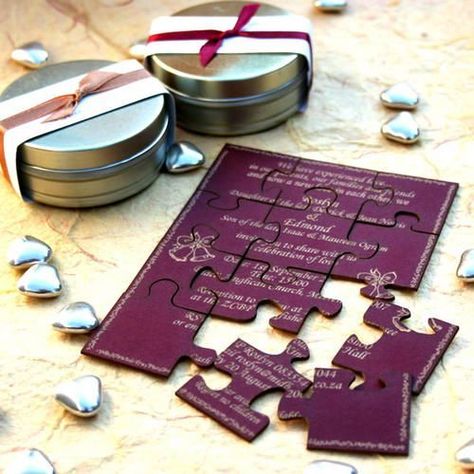 Cute 15+ Jigsaw Puzzle Wedding Card Ideas That Are Way Too Cute To Handle! | WedMeGood Interesting Wedding Invitations, Kad Perkahwinan, Wedding Cakes Maroon, Original Wedding Invitations, Unique Wedding Cards, Design Invitation, Creative Wedding Invitations, Creative Invitations, Trendy Wedding Invitations