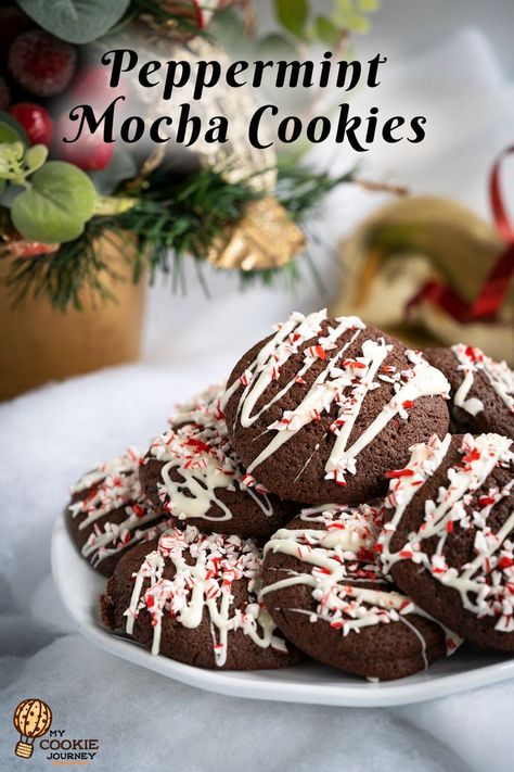 Chocolate espresso cookies with white chocolate drizzle and crushed peppermint on top. Peppermint Mocha Cookie Recipe, Keto Chocolate Peppermint Cookies, Gf Chocolate Peppermint Cookies, Dark Chocolate Peppermint Cookies, Peppermint Mocha Cookies, Chocolate Peppermint Crumble Cookies, Peppermint Coffee, Mocha Cookies, Chocolate Peppermint Cookies