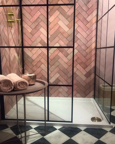 Pink Tiles Bathroom, Pink Tile Bathroom Ideas, Tiles Bathroom Ideas, Shower Shampoo Holder, Kitchen Floor Ideas, Subway Tile Herringbone, Bathroom Tiles Design, Pink Tile Bathroom, Pink Bathroom Tiles