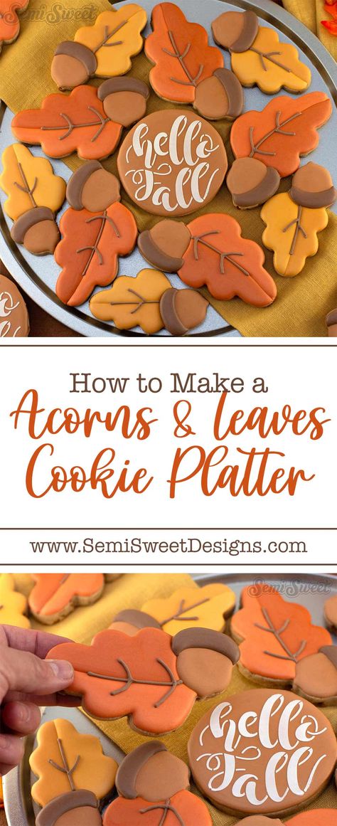 acorn and leaves cookie platter made from royal icing. Acorn Cutout Cookies, Fall Royal Icing Colors, Fall Wedding Cookies, Mug Cookie Recipes, Gingerbread Sugar Cookies, Semi Sweet Designs, Acorn Leaves, Leave Cookies, Royal Icing Decorated Cookies