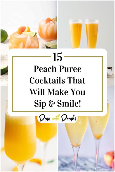 Collage of 4 peach puree cocktails. Drinks With Peach Puree, Peach Cocktail Recipe Summer Drinks, Peach Puree For Drinks, Peach Alcoholic Drink, Peach Cocktail Recipe, Special Cocktails, Peach Daiquiri, Peach Cocktail, Peach Drinks