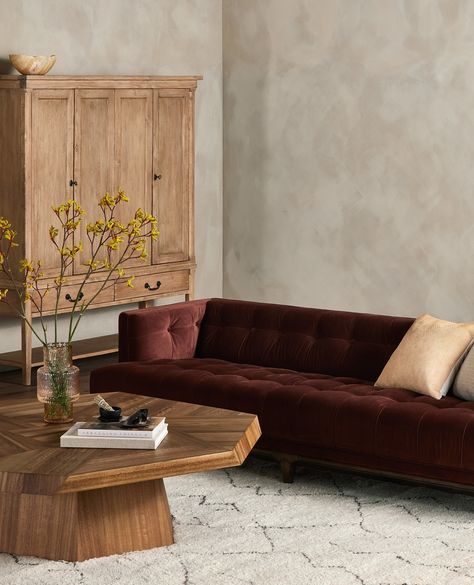 Despite forecasts, the rich auburn hue of our Dylan Sofa feels like fall. Paired with antique-inspired and modern-minded pieces, this timeless look brings comfort from season to season. ⁠ ⁠ Also pictured: Brooklyn Coffee Table, Brimley Wide Cabinet & Taza Hand Knotted Rug. Burgundy Velvet Couch, Burgundy Sofa Living Room, Plum Velvet Sofa, Oxblood Leather Couch, Burgundy Couch, Brown Velvet Sofa Cb2, Mini Lounge, Brown Velevet Sofa, Burgundy Sofas