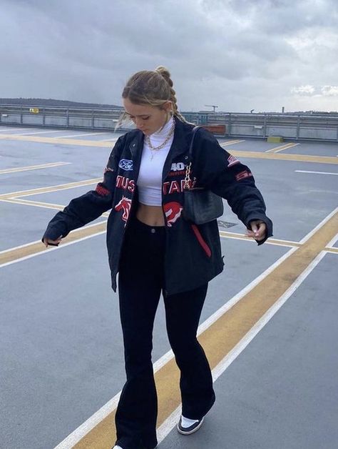 Racer Jacket Outfit Women, Racer Jacket Outfit, Nascar Outfit, Racing Jacket Outfit, Race Outfit, Vintage Street Fashion, Jacket Outfit Women, Christmas Outfits Women, Coat Women Fashion