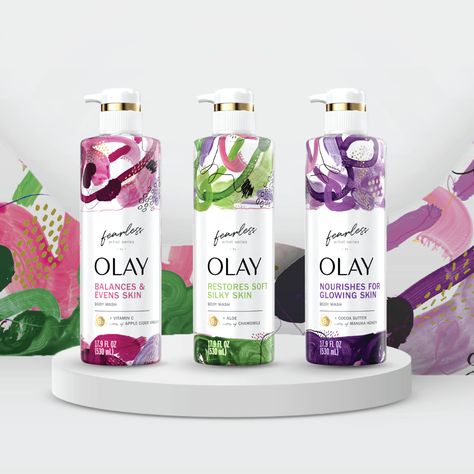 Olay Body Releases New 'Fearless Artist' Collection Celebrating Women Of Color | Dieline - Design, Branding & Packaging Inspiration Shampoo Design, Skin Science, Silky Skin, Wave Goodbye, Cosmetic Design, Body Balance, Manuka Honey, Vitamin B3, Cider Vinegar