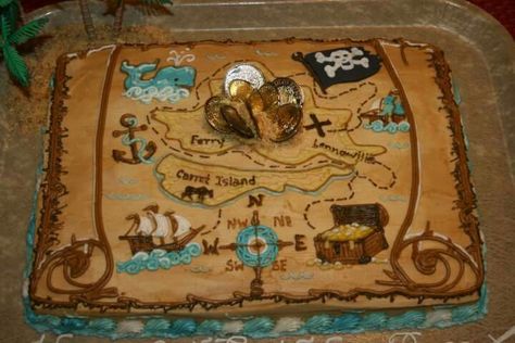 Pirate Treasure Map Cake Pirate Map Cake, Treasure Map Cake, Treasure Hunt Birthday, Map Cake, Pirate Birthday Cake, Pirate Themed Birthday Party, Pirate Themed Birthday, Pirate Theme Party, Pirate Cake