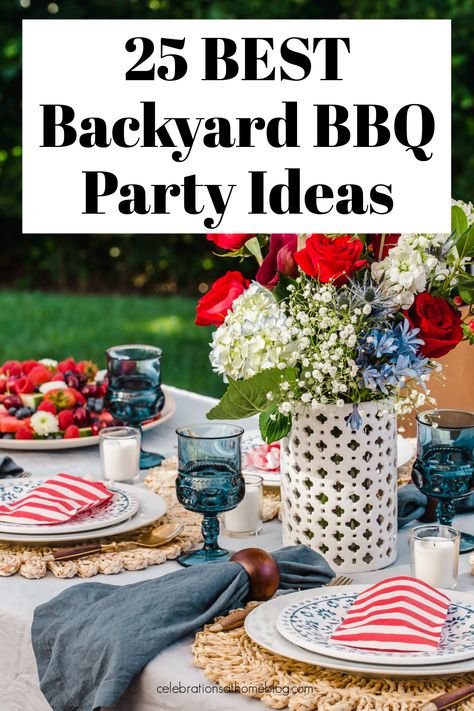 outdoor dinner party table with red and blue decoration. Backyard Bbq Party Setup Ideas, Backyard Bbq Decor, Cookout Birthday Party Ideas, Bbq Party Ideas Decorations, Bbq Set Up Ideas, Bbq Table Setting, Fancy Bbq Party, Cookout Party Ideas, Backyard Cookout Party