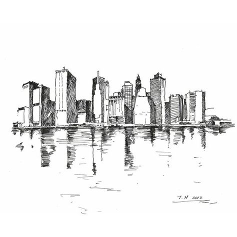 City Skyline Sketch, City Landscape Drawing, New York City Sketch, Tattoo Painting, Cityscape Drawing, City Sketch, Sketches Art, Building Illustration, New York City Skyline