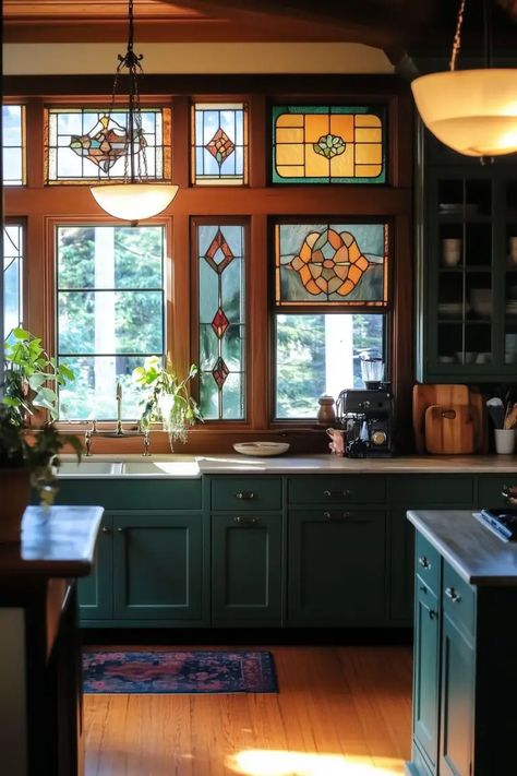 25 Moody Green Kitchens for a Cozy Aesthetic - Kitchen Informant Green Kitchen Ceiling, Boho Moody Kitchen, Mossy Green Kitchen, Kitchen Jewel Tones, Modern And Vintage Kitchen, 90s Whimsigoth Home, Dark Maximalist Kitchen, Moody French Kitchen, Bright Moody Kitchen