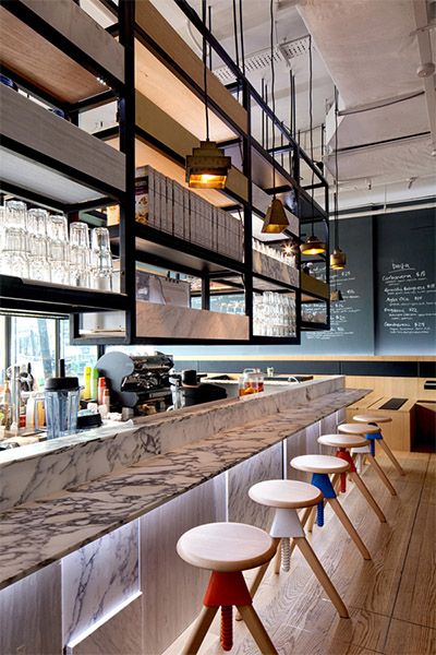 Simple but Unique Café Interior Design in Singapore - Commercial Interior Design News | Mindful Design Consulting - coffee-shop-interior-design-2 Unique Cafe, Wild Bunch, Design Café, Blue Bar, Modern Restaurant, Bar Interior, Bar Design Restaurant, Cafe Interior Design, Stool Design