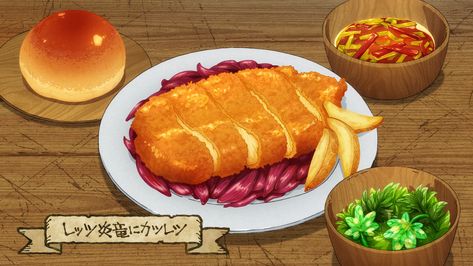 Let's Cutlet the Dragon to Pieces! Chicken Hot Dog, Monster Food, Tofu Steak, The Red Dragon, Delicious In Dungeon, Recipe Drawing, Dumplings For Soup, Onion Sauce, Kawaii Food