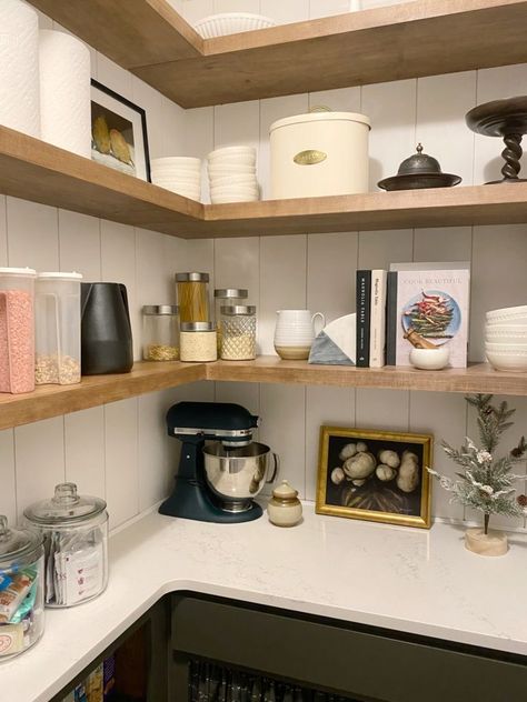 Pantry Stained Shelves, Tongue And Groove Pantry, Natural Wood Pantry Shelving, Stained Wood Pantry Shelves, Custom Pantry Shelves, Floating Shelves Pantry Storage, Wooden Shelves Pantry, Floating Shelves In Pantry, L Shape Pantry Design