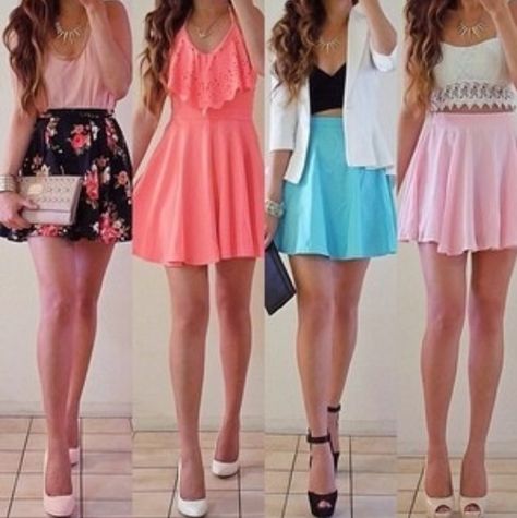 Casual outfits | floral skirt pink top | peach dress | white blazer black top blue skirt | white top pink skirt 2014 Outfits, Outfit Choices, Paris Mode, Graduation Dresses, Spring Clothes, Fashionable Outfits, Outfit Trends, Cute Summer Dresses, Cute Summer Outfits