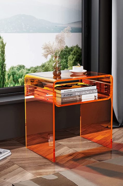 Orange Transparent Funky and Unique Table for the Bedroom or Living Room. Funky Bedside Table, Orange Bedside Table, Unusual Bedside Tables, Funky Bedroom, Unique Bedside Tables, Funky Living Rooms, Acrylic Side Table, Bedside Table Design, Acrylic Furniture