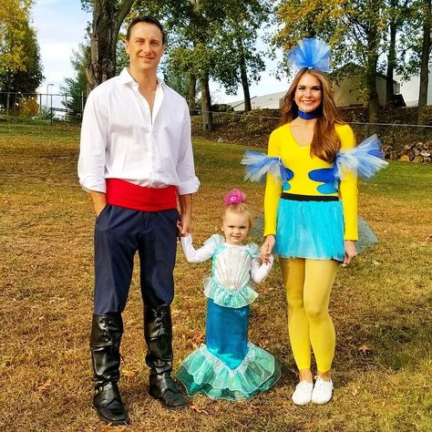 Diy Prince Costume For Men, Ariel Costume Toddler, Diy Little Mermaid Family Costumes, Homemade Flounder Costume, Diy Prince Eric Costume, Diy Sebastian Costume Adult, Ariel Family Halloween Costumes, Diy Flounder Costume Woman, Flounder Costume Women