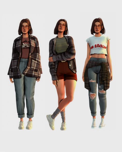 altsimz : Olivia Lookbook Shorts And Socks Outfit, Sims 4 Base Game Outfits Ideas, Outfit Ideas Goth, Flannel Jeans, Sims 4 Couple Poses, Socks Outfit, Sims Packs, Free Sims 4, Tumblr Sims 4