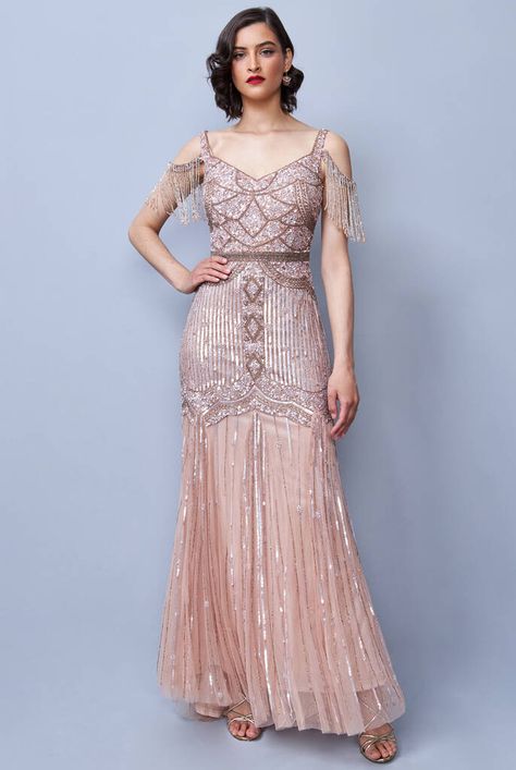 Wedding Bridesmaids Dress, Flapper Wedding, Great Gatsby Art, Bohemian Gown, Maxi Prom Dress, Gatsby Art, Blush Gown, Vintage Wedding Theme, 1920s Vintage