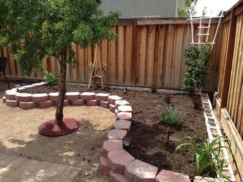 Landscaping Ideas Fenceline, Sloped Fence Landscaping, Fence Corner Landscaping, Backyard Fenceline Landscaping Ideas, Corner Fence Landscaping, Fenceline Landscaping Ideas, Fenceline Landscaping, Backyard Corner Landscaping Ideas, Corner Garden Ideas Backyards