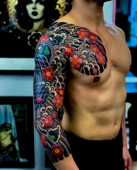 Japanese tattoo sleeve by @tomtom_tattoo. #japaneseink #japanesetattoo #irezumi #tebori #colortattoo #colorfultattoo #cooltattoo… Yakuza Style Tattoo, Tato Irezumi, Japanese Tattoo Sleeve, Geisha Tattoos, Koi Tattoo Sleeve, Bodysuit Tattoos, Japanese Tattoos For Men, Dragon Sleeve, Yakuza Tattoo