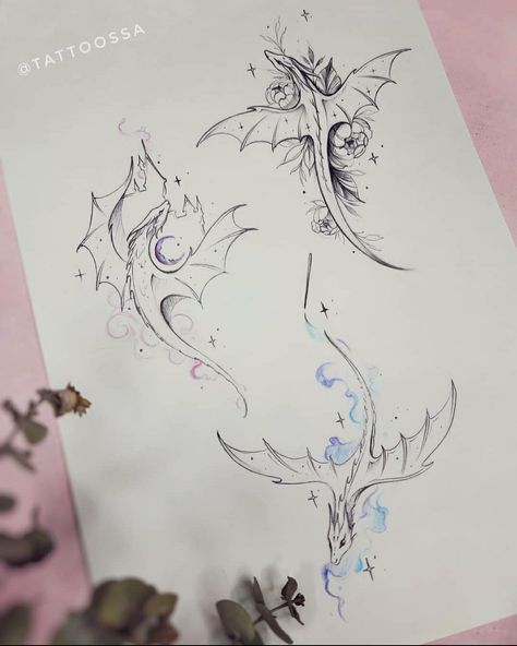 Tattoos For Fantasy Lovers, Rad Tattoos For Women, Star Dragon Tattoo, Elegant Dragon Tattoo For Women, Forest Dragon Tattoo, Dragon Tattoo Ideas Female, Galaxy Dragon Tattoo, Dragon Lineart Tattoo, Lightning Dragon Tattoo