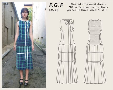 Printable sewing pattern and instructions for pleated drop waist dress with bow detail. Recommended for intermediate level sewers. You will need 3.5 yards of light weight cotton woven fabric, trim, and elastic sewing thread. You will have access to two PDFs, one is the printable pattern graded in 3 sizes, and the other is the instruction PDF with steps for how to construct the dress. Drop Waist Skirt Pattern, Bow Sewing Pattern, Drop Waist Dress Pattern, Drop Waist Dresses, Bow Sewing, Pleated Skirt Pattern, Dropped Waist Dress, Drop Waist Skirt, Sewing Projects Clothes